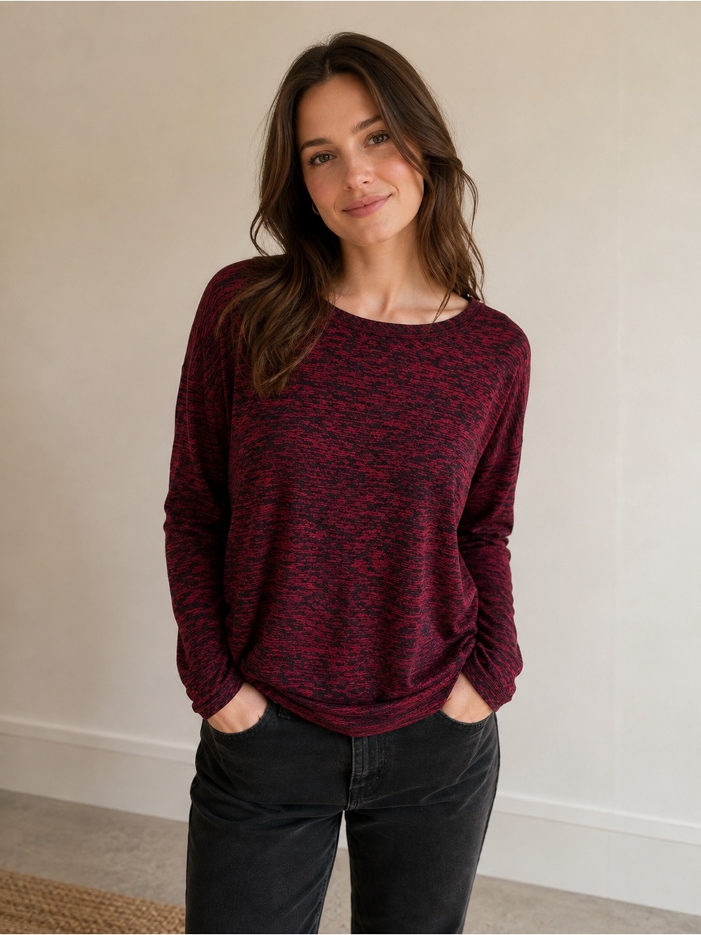 Rag & Bone Women’s S Red Black Marled Oversized High Low Long Sleeve Top